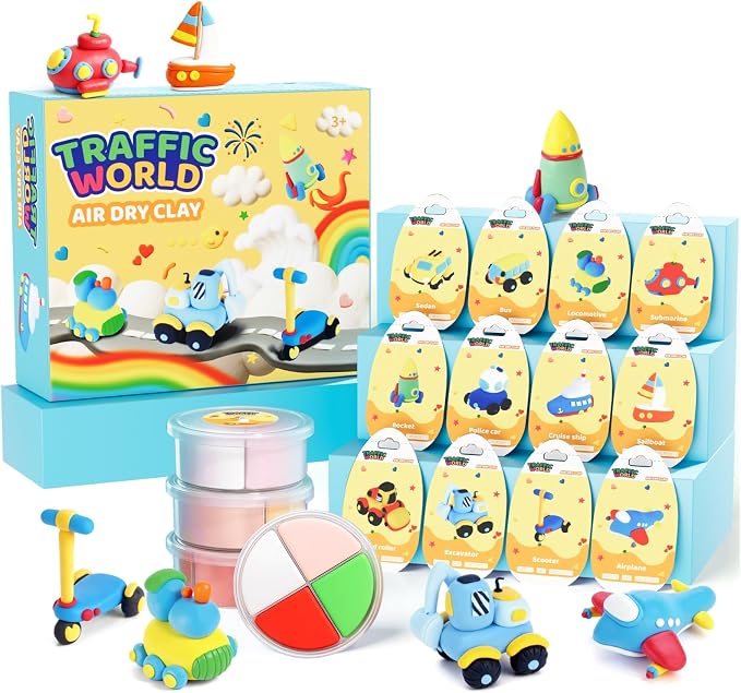 Air Dry Clay Kits for Kids - hittaty Traffic Model Magic Clay, 12 Boxes Molding Clay for Kids with Sculpting Tools and Tutorials, Safe, Soft & Non-Sticky DIY Arts and Crafts Gift for Boys & Girls