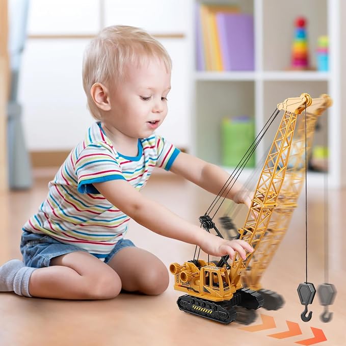 Metal ABS Crane Toy, Diecast Construction Vehicles Crane Model Car with Manual Lifting Button, Truck Building Toys for Kids Boys Ages 3-7, 8-12 Christmas and Birthday Gifts