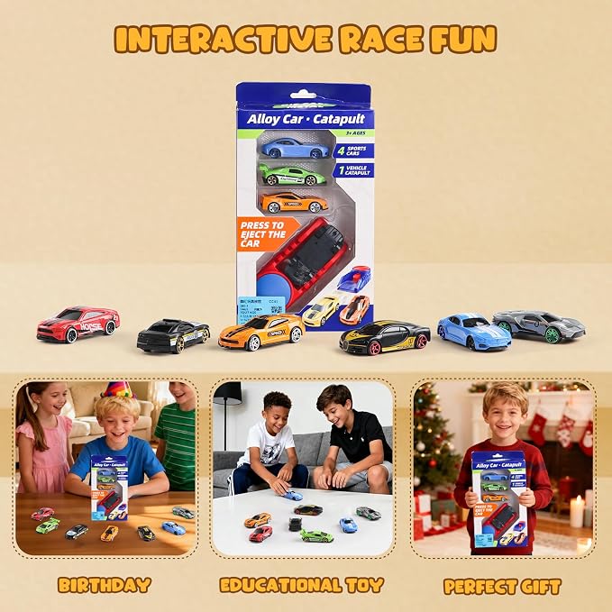 Die Cast Toy Cars with Catapult Launcher (Middle) | 2 die-cast sports cars with a manual press launcher for indoor racing and vehicle-themed play.