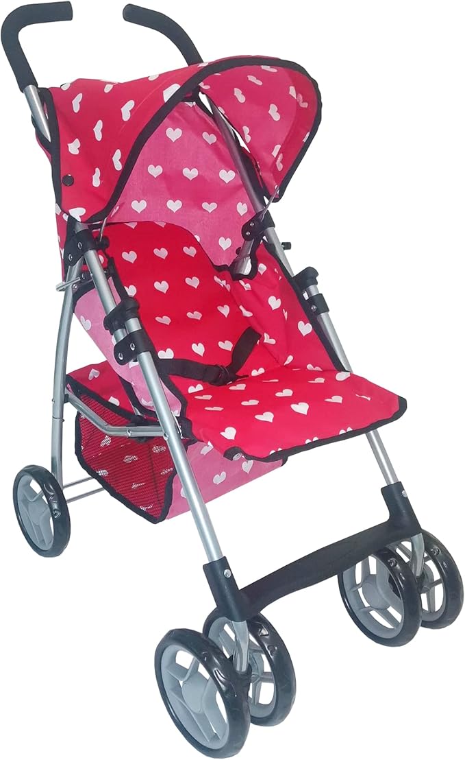 Baby Doll Stroller for Toddler Girls & Big Kids up to 8 Years Old | 28” Baby Stroller for Dolls, Toy Baby Stroller with Cute Pink Hearts Pattern, Storage Basket, Canopy, Handle Grips, Swivel Wheels