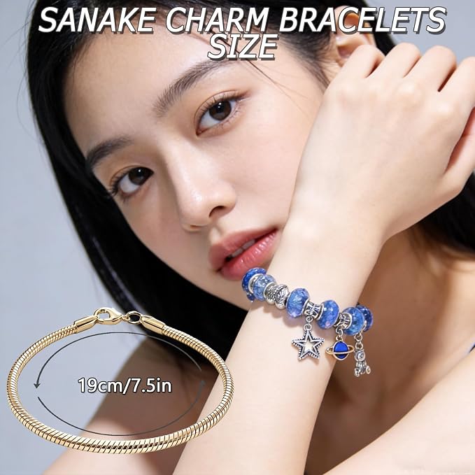 Exway 10 Pcs Snake Charm Bracelet Chain 7.5 Inch Gold Charm Bracelet Kit Snake Chain Bracelets Chain for Christmas DIY Women Jewelry Making Gifts