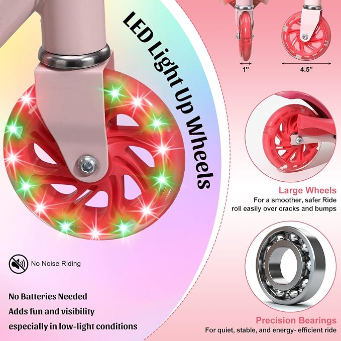 Kick Scooter for Kids 4-8, 2 Light Up Wheels, Heavy Duty Scooter with 3 Height Adjustable Handlebars, Rear Break, Widen Anti-Slip Deck, Max Load 110 Lbs for Boys Girls Ages 3+, 4.7Lbs
