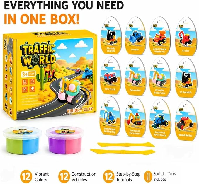 Air Dry Clay Kit for Kids – 12 Pack Construction Vehicles Modeling Clay Set | DIY Art Crafts with Sculpting Tools & Tutorials, Ultra Light Soft Magic Clay Car, Birthday Party Favors for Boys Girls