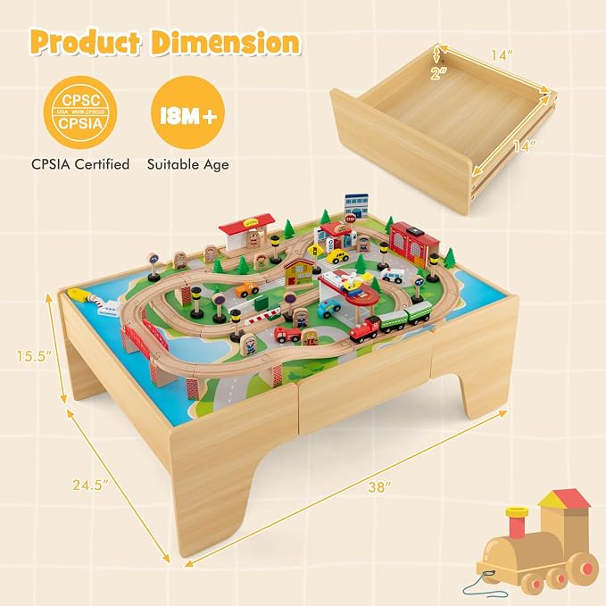 HONEY JOY Train Table, Wooden Kids Activity Table with Storage, 84 Multicolor Pieces, Tracks, Trains, Cars, Toddler Toy Train Table Set w/Reversible Tabletop, for Boy Girl Ages 18 Months+, Natural
