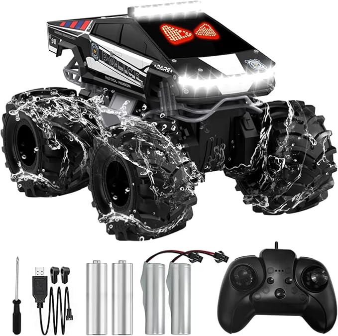Qrytoi Police Remote Control Car with LED Light Eyes, Waterproof Amphibious Monster RC Car, 2.4GHz 4WD All-Terrain Cyber Truck Toy, Birthday Gift for Kids Ages 6-12