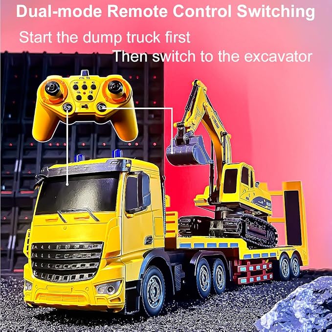 RC Semi Truck and Trailer & Excavator Toy Set - 11CH 24.6" Dual Control Mode Remote Control Engineering Vehicle with Sound & Lights, 2.4Ghz Flatbed Truck with Excavator Toys, Great Gift for Kids Boys