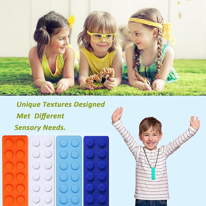 Olugu Chewing Necklace for Kids Sensory, Blocks Sensory Necklace for Chewing Boys Girls with Autism, ADHD, Teething, Biting, Chewing Needs, Silicone Chewy Necklace Sensory for Reduce Anxiety -7 Pack