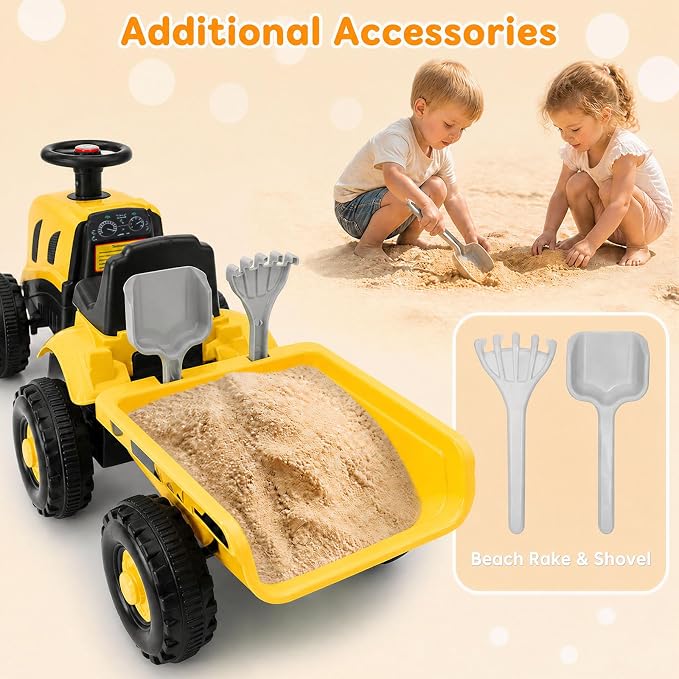 Kids Ride on Tractor, 2 in 1 Foot to Floor Push Car w/Detachable Trailer, Horn, Rake & Shovel, No Power Sliding Toy Gift for Toddlers, Outdoor Ride on Construction Vehicle (Yellow)