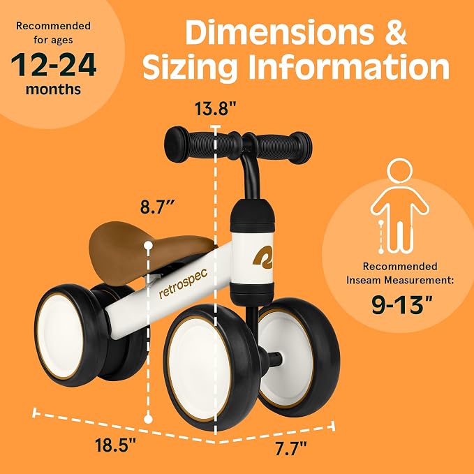 Retrospec Cricket Baby Balance Bike, 4-Wheel Ride-On Toy for Ages 12-24 Months – First Bike & Toddler Bike for 1 Year Old Boys & Girls, First Birthday Gift