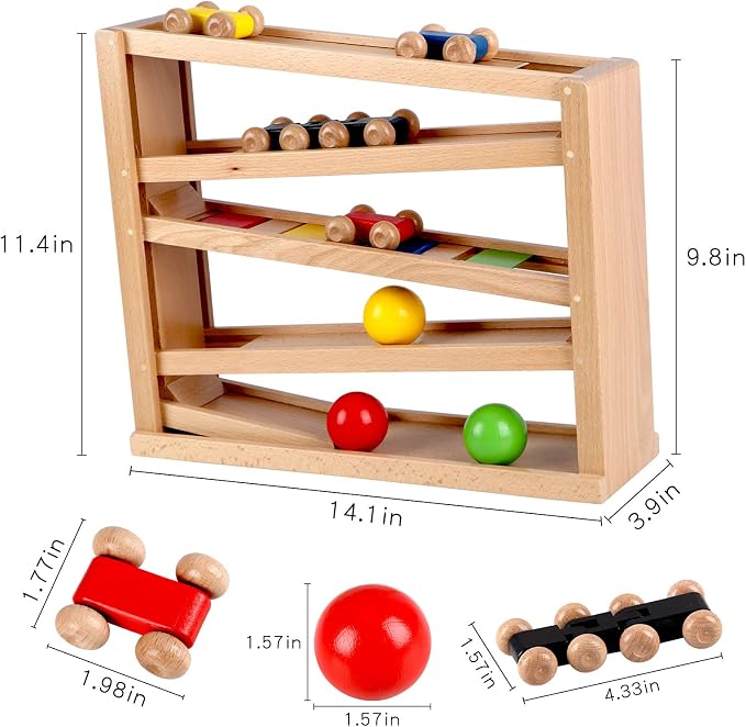 Qilay Wooden Race Track Car Ramp Racer Toy for Toddlers, 5 Level Race Car Ramp Toy Set Includes 4 Wood Cars and 3 Balls,Great Building Learning Toys or 3+ Years Old Boy and Girl