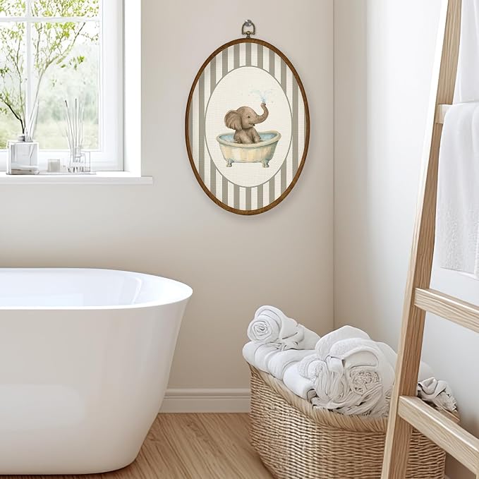 WULQYING Funny Elephant Kids Bathroom Wall Art Decor, Kids Oval Framed Canvas Art Prints, Whimsical Neutral Striped Elephant in Bathtub Wall Hanging Decor for Kids Bathroom Washroom, 8.5x11.4 Inches