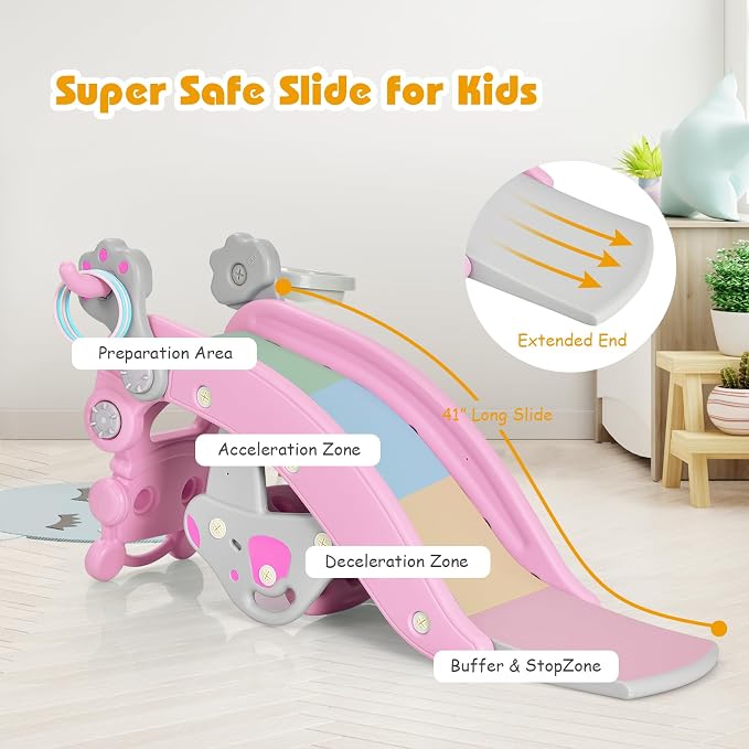 Costzon 5 in 1 Toddler Slide Rocking Toy, Slide for Kids with Detachable Stool, Basketball Hoop and Ring Game, Foldable Climber Playground Slide for Both Indoors Outdoor Use (Pink Penguin)