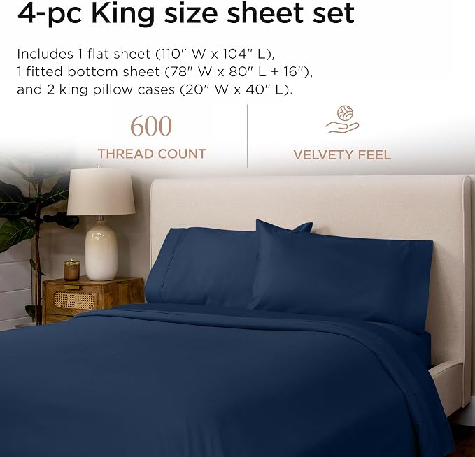 Threadmill 100% Cotton Sheets for King Size Bed - 600 Thread Count King Bed Sheets Set with 16” Deep Pocket - Sateen Weave 4-Piece Bedding Set with Cooling Effect, Folkstone Blue