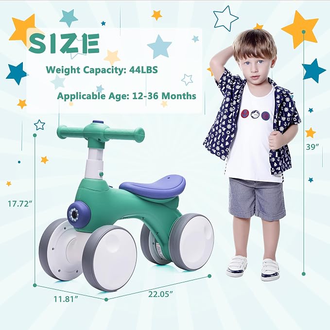 JoyRydz Baby Balance Bike 1 Year Old with Music, Lights, Bubble Machine, 4 Wheels Pedal-Less Toddler Ride on Toys for 12-36 Months Birthday Gift, Toddler boy Toys Ride on car （Dark Green&Blue）