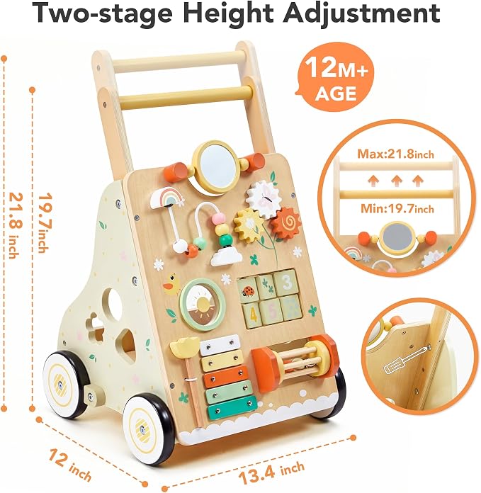 Wooden Baby Push Walker with 9-in-1 Activity Center for Boy Girl 1Y+ | Push Walker with Wheels for Toddler Infant Learn to Walk & Sit-to-Stand, First Birthday Toy Gift for 1-3 Year Old