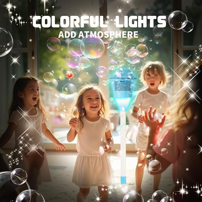 Automatic Bubble Machine, Outdoor Vertical Bubble Machine with Rechargeable Batteries and Lights Music for Kids and Adults Wedding Birthday Party, No Leak Bubble Blower