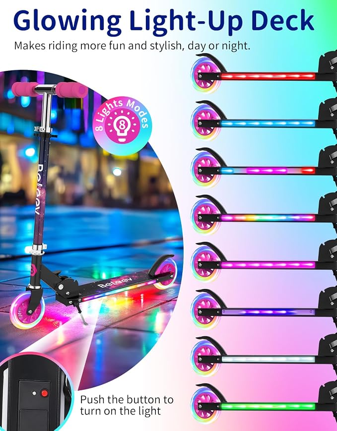 BELEEV V1 Scooters for Kids, 2 Wheel Folding Kick Scooter for Girls Boys, 3 Adjustable Height, Light Up Wheels, Lightweight Scooter with Sturdy Frame, Kickstand for Children 3 to 12 Years Old