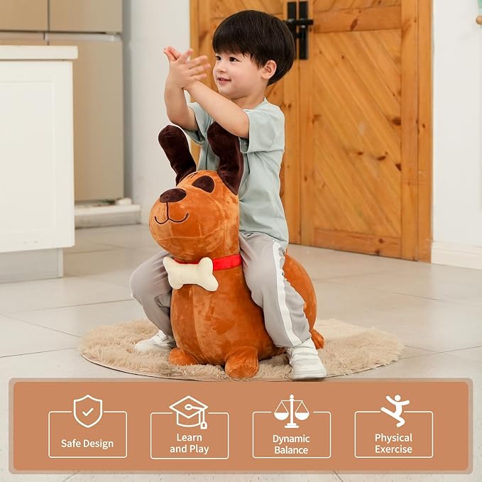 INPANY Bouncy Horse, Brown Dog Hopper Toy, Toddler Plush Bouncing Animal, Inflatable Jumping Buddies, Ride on Animal Bouncer, Outdoor Indoor Birthday Gift for 2 3 4 Year Old Girl Boy