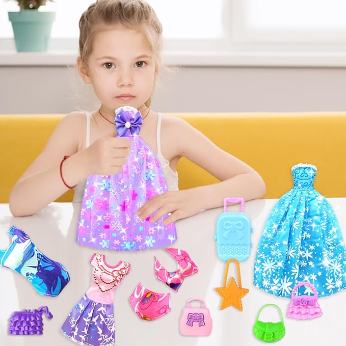 Doll Clothes and Accessories for 11.5 Inch Doll Dress up Set with Princess Gowns Fashion Dresses Outfits Tops and Pants Bags Gift Toys for Girls 4 5 6 7 8 9 10 Years Christmas Birthday