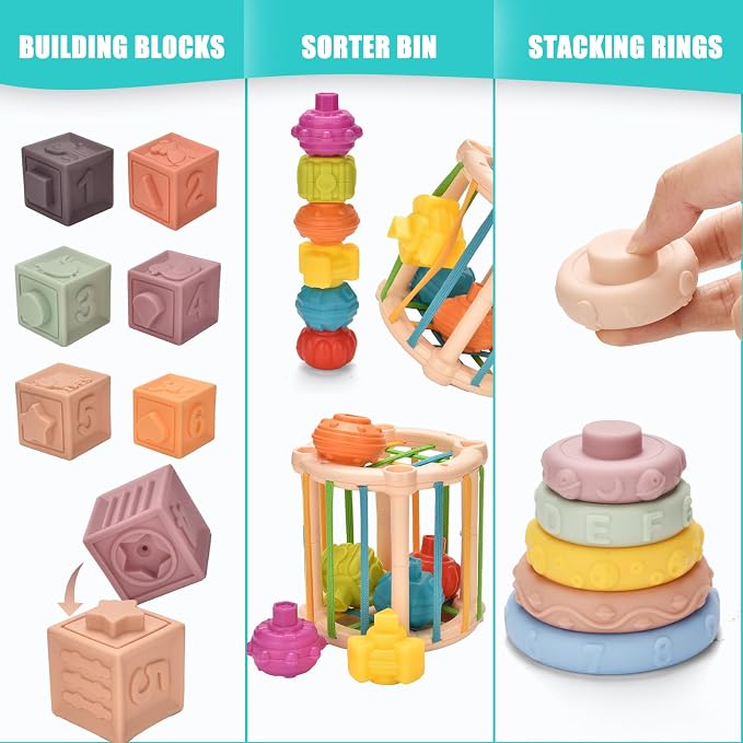 Baby Toys 6 to 12 Months 9 in 1 Montessori Teething Toys Sorting Sensory Educational Learning Gift for Toddlers Aged 1-3
