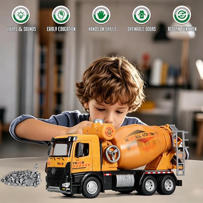 Cement Mixer Toy Truck Diecast Metal Cab Construction Truck Toys for Kids Boys and Girls Pull Back Cement Mixer with Lights and Sounds Construction Trucks for Toddlers 3-5