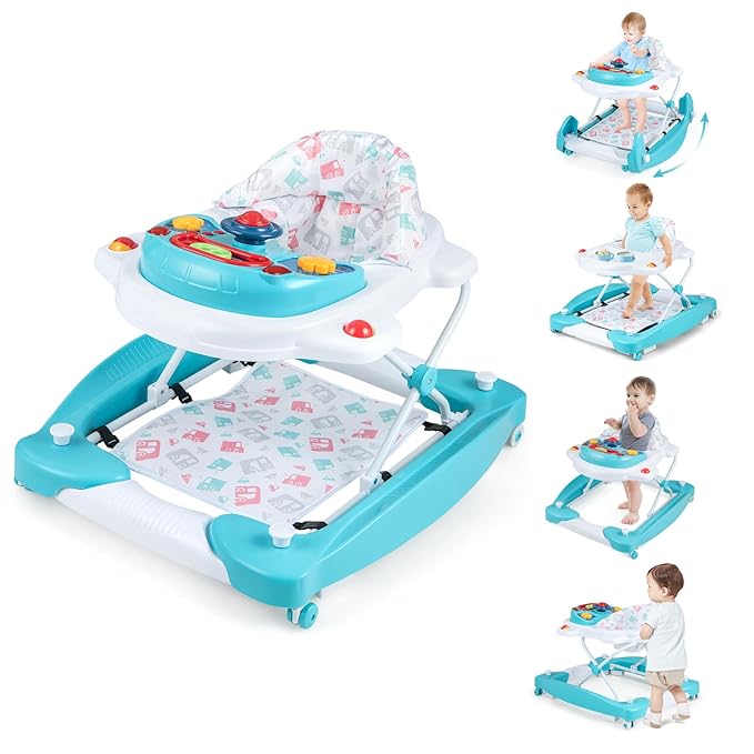 BABY JOY 6-in-1 Baby Walker, Foldable Baby Walker with Wheels, Adjustable Height, Music, Lights, Bouncer & Rocker Mode, Baby Walkers for Boys Girls 6-14 Months (Green)