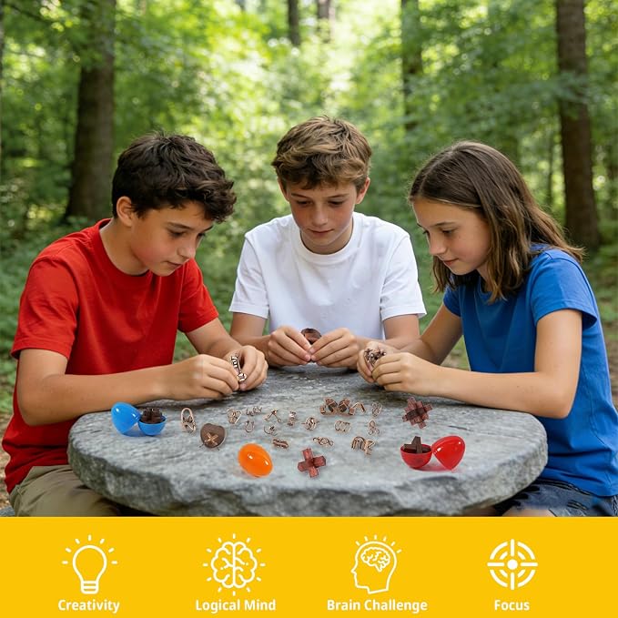 Brain Teaser Puzzles Set, Wooden & Metal 3D Unlock Interlock Game, Kongming Luban Lock Wire Disentanglement IQ Puzzle, Logic Challenge Educational Gift for Adults Teens Kids