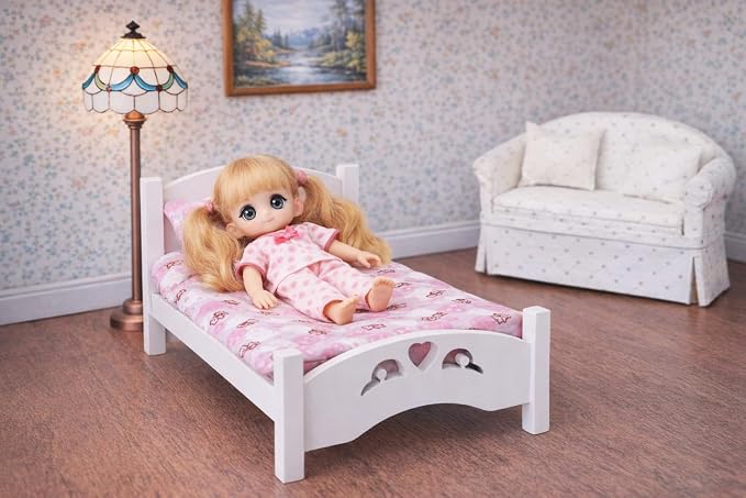 Dollhouse White Wooden Mini Bed with Pink Bedding, 1:12 Scale Realistic Bedroom Furniture for 6 Inch Dolls