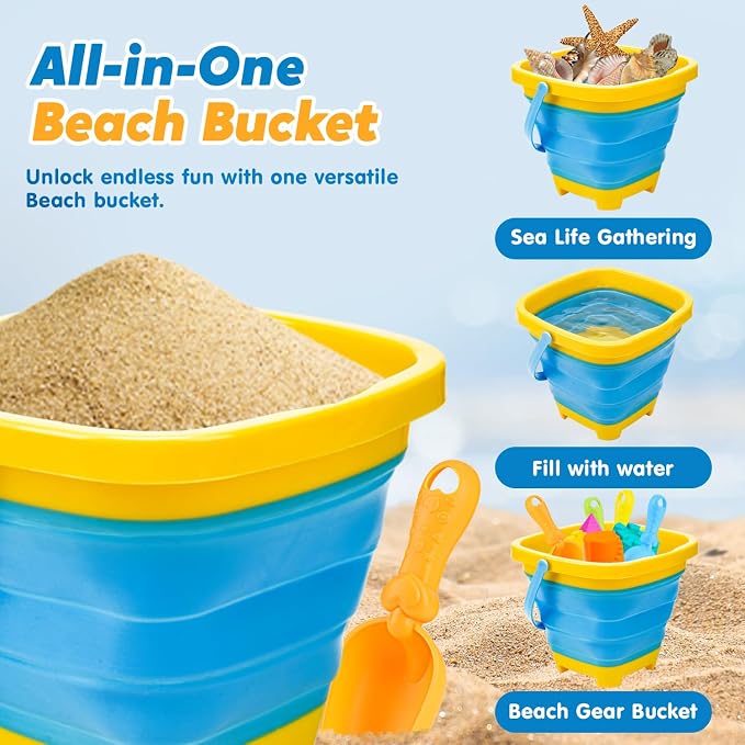 AuntyFey Beach Sand Toys for Toddler 1-3 with Trucks, 2 Collapsible Beach Toys for Kids Ages 4-8, Sandbox Toys for Toddler, Collapsible Beach Sand Buckets with Castle Sand Molds Shovels