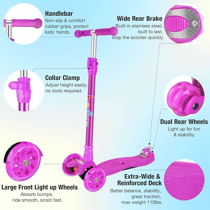 BELEEV Scooters for Kids 3 Wheel Kick Scooter for Toddlers Girls Boys, 4 Adjustable Height, Lean to Steer, Light up Wheels, Extra-Wide Deck, Easy to Assemble for Children Ages 3-12