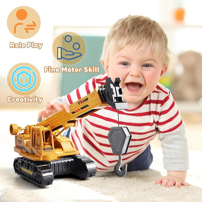 Metal ABS Crane Toy, Diecast Construction Vehicle with Movable Boom and Hook, Construction Toy Truck for Kids Boys Age 3+ Christmas Birthday Gift