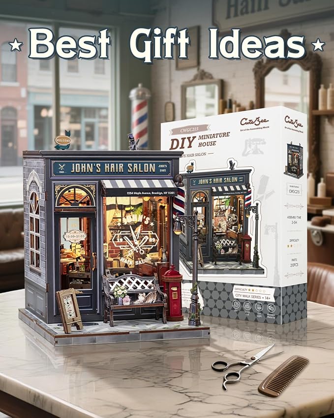 Book Nook Kit - DIY Adult Miniature Dollhouse, Hair Salon Themed, 3D Wooden Puzzle Bookend, Bookshelf Decor Gift for Family and Friends (John's Hair Salon)