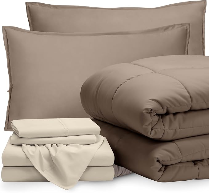 Bare Home Bed-in-A-Bag 7 Piece Comforter & Sheet Set - Queen - Goose Down Alternative - Ultra-Soft 1800 Premium - Bedding Set (Queen, Taupe/Sand)