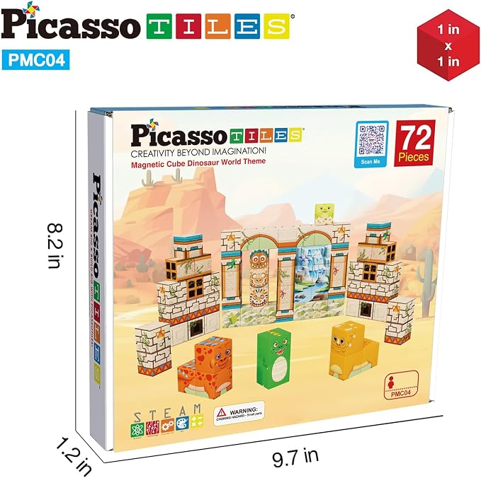 PicassoTiles Magnet Cube Prehistoric World Themed Mix and Match Building Block Construction Toy with 4 Magnetic Cubed Dinosaur Character Action Figures STEM Education Sensory Pretend Play Age 3+ PMC04