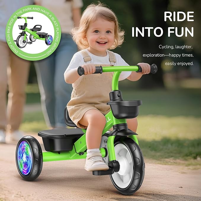 Umatoll Tricycle for Toddlers 2-5 Year Old, Ajustable Toddler Bike Outdoor Toys, Birthday Gift for Boy Girl Age 2-4, Trike with Light up Wheels (Green)