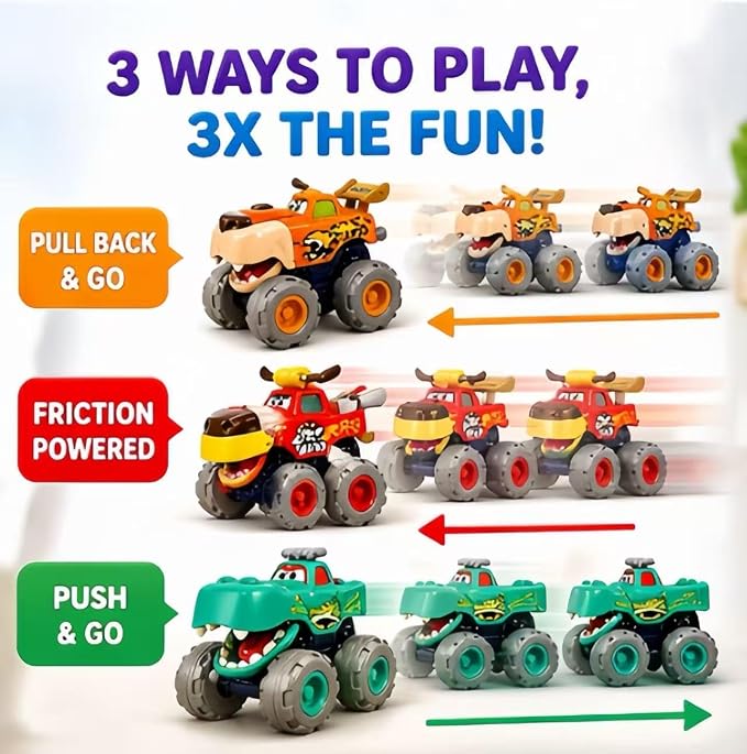 MOONTOY Toy Cars for Toddlers 1-3, 3 Pack Monster Truck Toys for 1 2 3 Year Old Boy Gifts, Baby Animal Play Vehicle Push Pull Back Truck for 12-18 Months 2-4 0-2 1-2 One Year Old Boy 1st Birthday Gift
