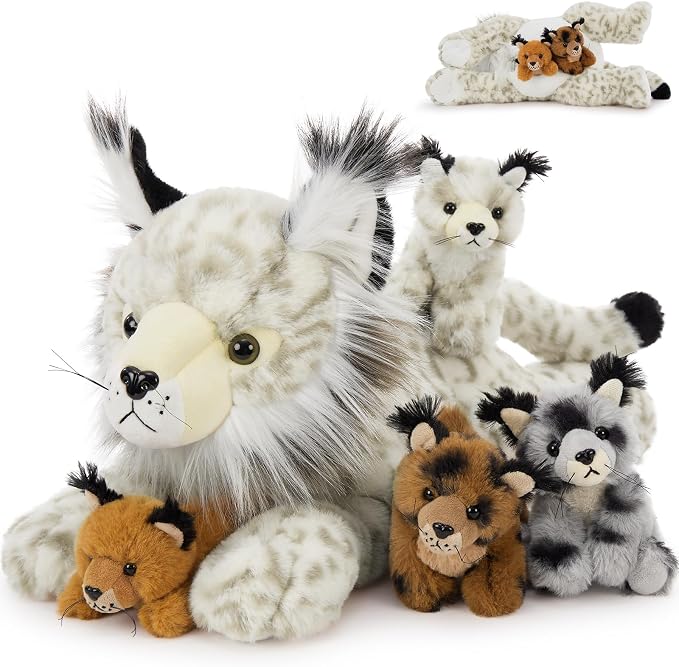 Muiteiur 5 Piece Lynx Stuffed Animals, Soft Bobcat Stuffed Animals with Babies,18-inch Cute Plush Toy for Kids Girls Boys, Fun Gift for Birthday Children Day (White)