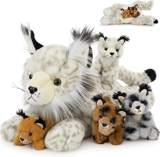 Muiteiur 5 Piece Lynx Stuffed Animals, Soft Bobcat Stuffed Animals with Babies,18-inch Cute Plush Toy for Kids Girls Boys, Fun Gift for Birthday Children Day (White)