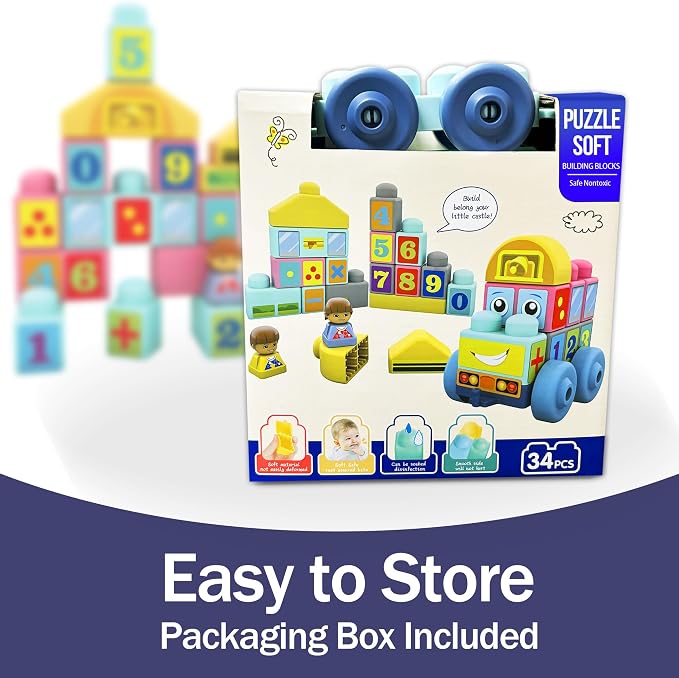 Baby Blocks, 34PCS Soft Building Blocks for Babies 12M+ | Soft Easy-Grip Blocks, Build Cars, Houses & Number Shapes, Colorful Puzzle Blocks, Early Learning Gift for Babies 12M+