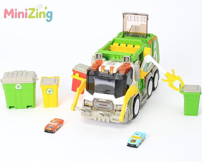 Truck Toy Set for Boys Girls Kids Toddler Gift of Easter Basket Stuffers | 4 bins, 2 launch cars, side clamp, top disposal. Friction power. Indoor/outdoor. Sparks exploration & new play ideas