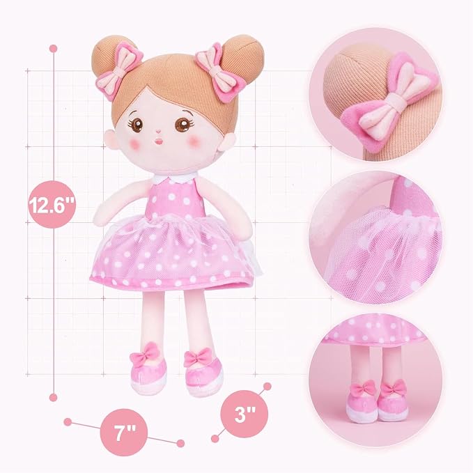 OUOZZZ 12.6" Soft Baby Doll - Toys for 1 Year Old Girl Gifts, Birthday Gifts for 1 Year Old Girl Plush Toys Gift for Toddler Kids Pink Dress