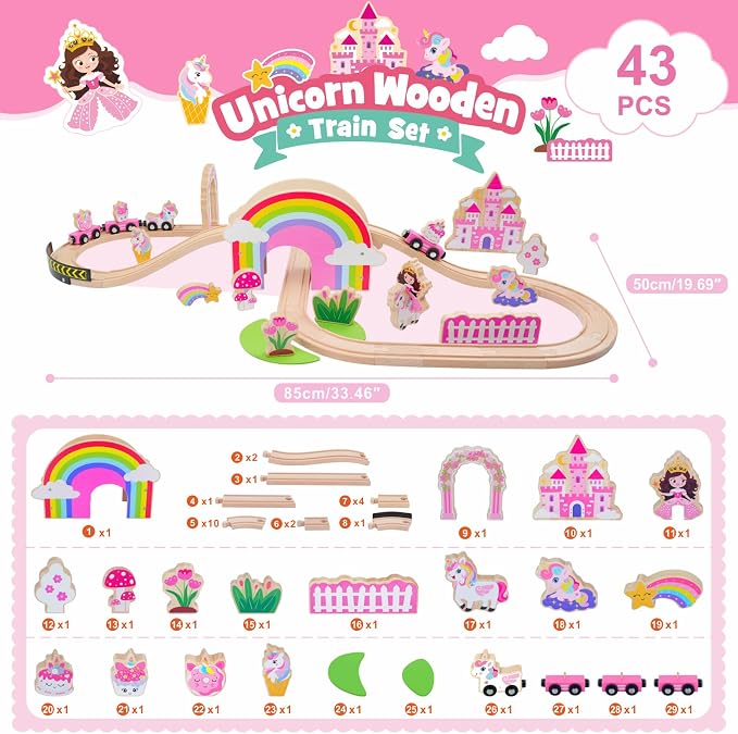 SIMPLIPLAY Wooden Train Set, 43PCS Unicorn Toy Train Set with Crash Barrier | Magnetic Wooden Train with Tracks & Bridge for Girls Toddlers, Enhance Fine Motor Skills, Ideal for Birthday Christmas