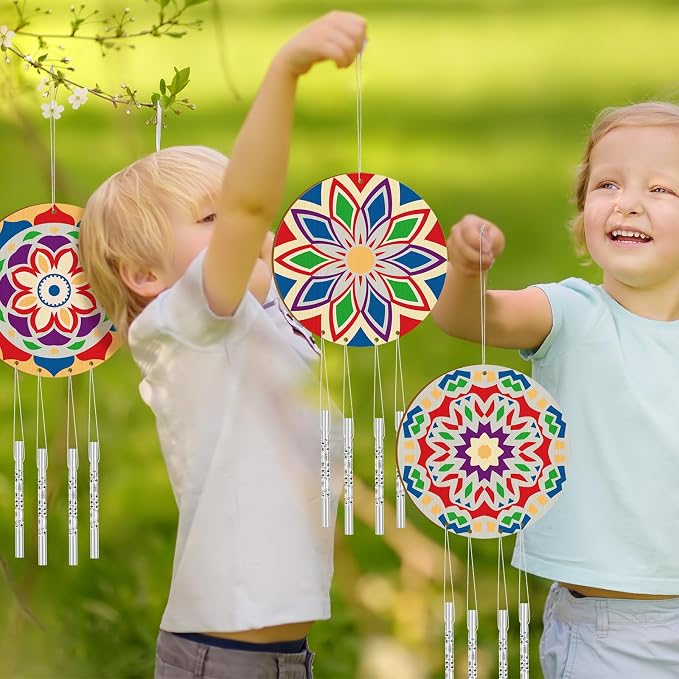 Silipull 24 Sets Mandala Wood Wind Chimes Craft for Kids Color Your Own Windchime DIY Unfinished Wooden Hanging Ornaments Coloring Wind Chime for Kids Gifts School Home and Party Supplies