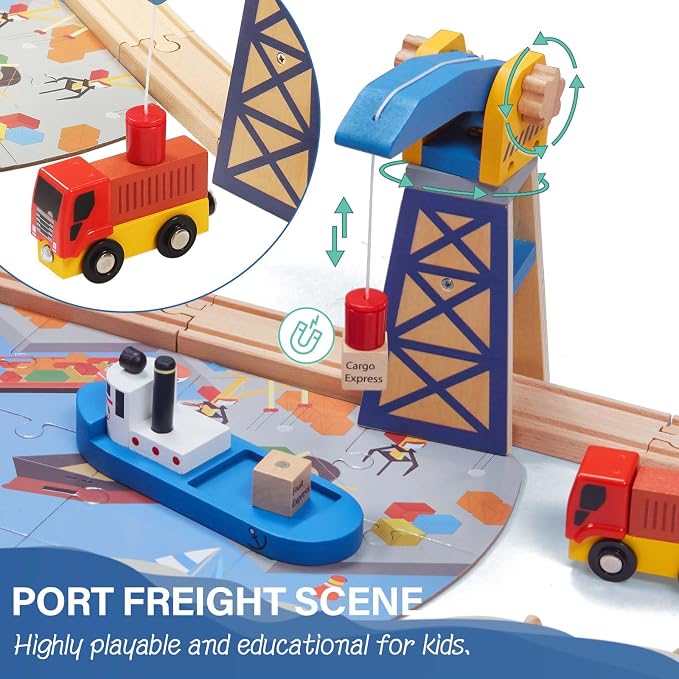 Giant bean 117 Pcs Busy Port City Wooden Train Set for Kids- Expandable & Changeable Wooden Train Track Set Toy, for Boys & Girls Ages 3-14