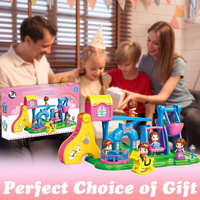 Building Toys Kids Playground Set, Pink Amusement Park Toy Playset with 4 Doll Figures, Swing Slide Rocking Horse & Spinning Ride, Pretend Play Dollhouse for Girls 3 4 5 6 7, Gift for Kids