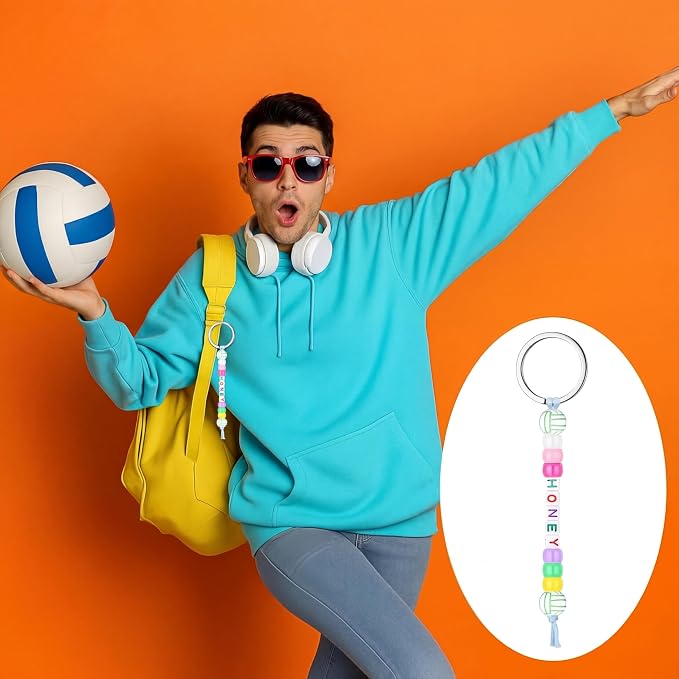 Landical 564 Pcs DIY Bead Keychain Kit Key Chain Making Craft Adjustable Letter Beads String Mama Sport Gift Alphabet Jewelry Backpack Accessories Holiday Party Favor (Volleyball,Vivid Color)