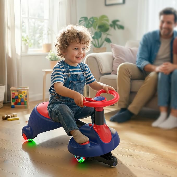 6V Electric Wiggle Car for Kids, 2-in-1 Ride On Swing Toy with Pedal, Adjustable Seat, 360° Steering, LED Flashing Wheels & Built-in Music, Anti-Rollover Ride-on Toy for Toddlers Ages 3+ Blue