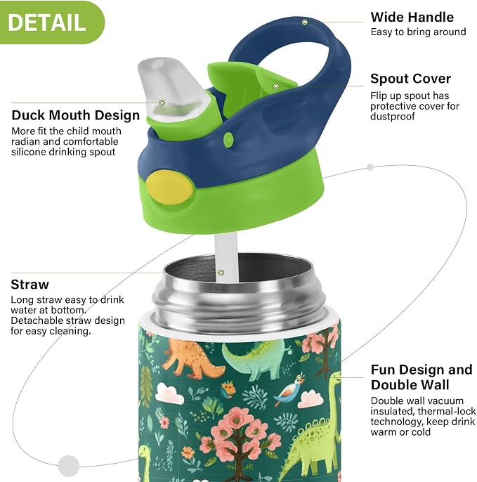Boccsty Funny Dinosaur Kids Water Bottle with Straw Lid Animal Tropical Leaves Dino Insulated Stainless Steel Reusable Tumbler for Boys Girls Toddlers 12 oz Green
