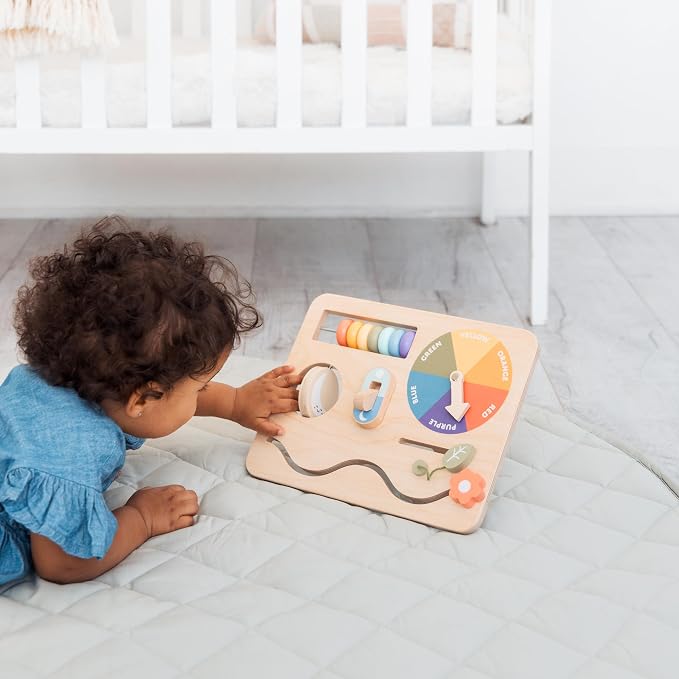 Pearhead Busy Board for Toddlers – FSC-Certified Wooden Montessori Sensory Travel Toy with Built-in Stand, Develops Fine Motor Skills & Color Recognition, Boys and Girls, 1 2 3 Year Old
