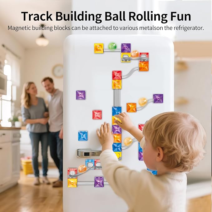 MIEBELY 112PCS Magnetic Marble Run Tiles for Kids Ages 3+ | Glowing balls, non-toxic BPA-free ABS, sealed magnets, screen-free STEM, fridge attach, storage box, travel birthday gift